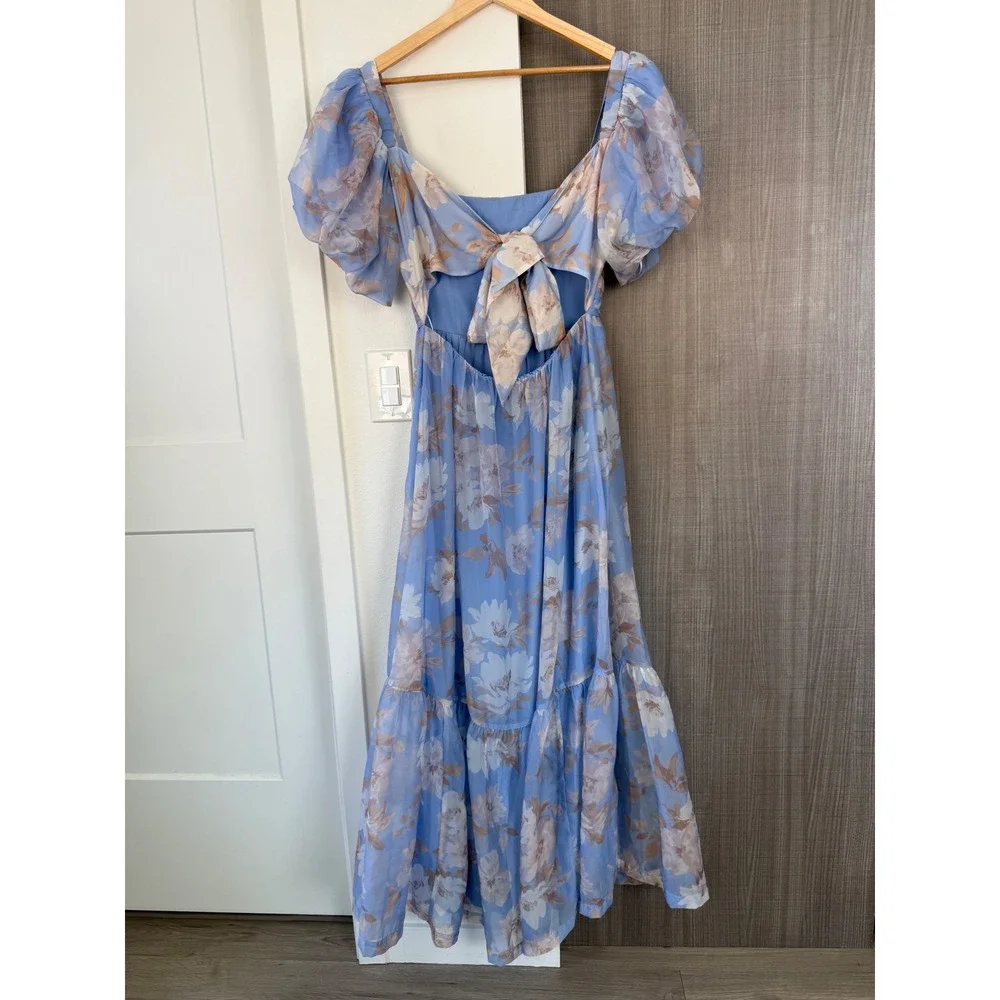 Abercrombie & Fitch Emerson Drama Bow Back Maxi Dress Blue Floral Print Medium